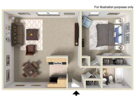 Floor plan for 1 bed, 1 bath, 690 sqft